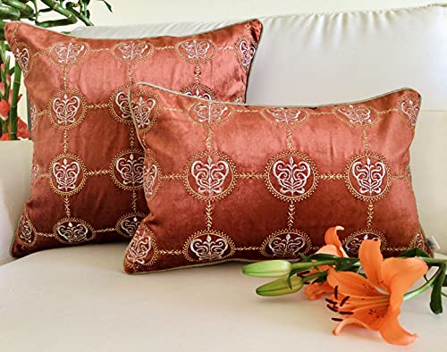 Image of TARA- Sparkling Homes 18 x 18 Inches Zari Embroidered Velvet Cushion Covers, 'Cleopatra' from 'The Royal Collection', Set of 1 (Burnt Orange, 18 x 18 Inches)