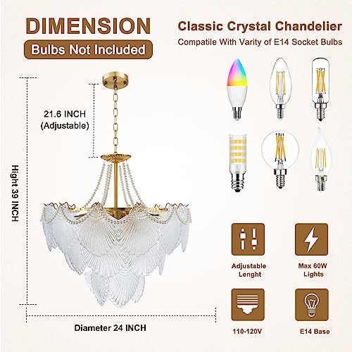OYEIL Modern Crystal Chandelier 24" French Seashell Shape Pendant Lighting Golden Vintage Flush Mount Ceiling Light Fixture for Living Room Dining Room Bedroom - Image 4