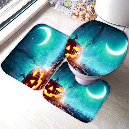 Zifarm Badematte rutschfeste 50x80 cm Halloween Badvorleger-Set 3D Kürbis Horror Mond Mikrofaser Flanell Absorbierend…