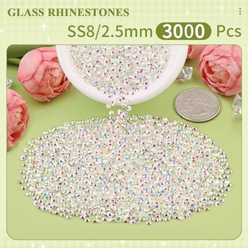 Image of 3000PCS SS8 /2.5mm Crystal Glass Rhinestones for Bedazzling (Transparent AB) | Flatback Rhinestones for Crafting DIY Nail Art Makeup Decoration, Gems Diomand Charms for Tumbler Shoes Clothing Mug