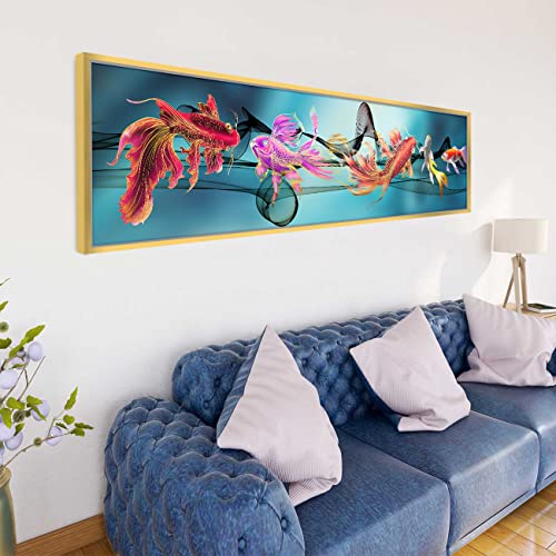 Image of PAINTINGMANTRA Auspicious Five Fish Large Canvas Painting Framed Panel Wall Painting, Framed Luxury Paintings for Home Decoration, Living room, Bedroom and Office Decor (Blue, 13x47 Inch)
