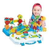 Juego creativo de taladros de mosaico: un total de 193 piezas para niños para construir. Este juego de herramientas para niños incluye un taladro eléctrico, un taladro de mano, tuercas y tornillos de plástico, un destornillador, una llave inglesa, clavos de setas, tarjetas de rompecabezas y una caja de almacenamiento viene con un libro con diseños para que los niños puedan seguir para construir dinosaurios, castillos, camiones, mariposas, UFO, robots, etc.