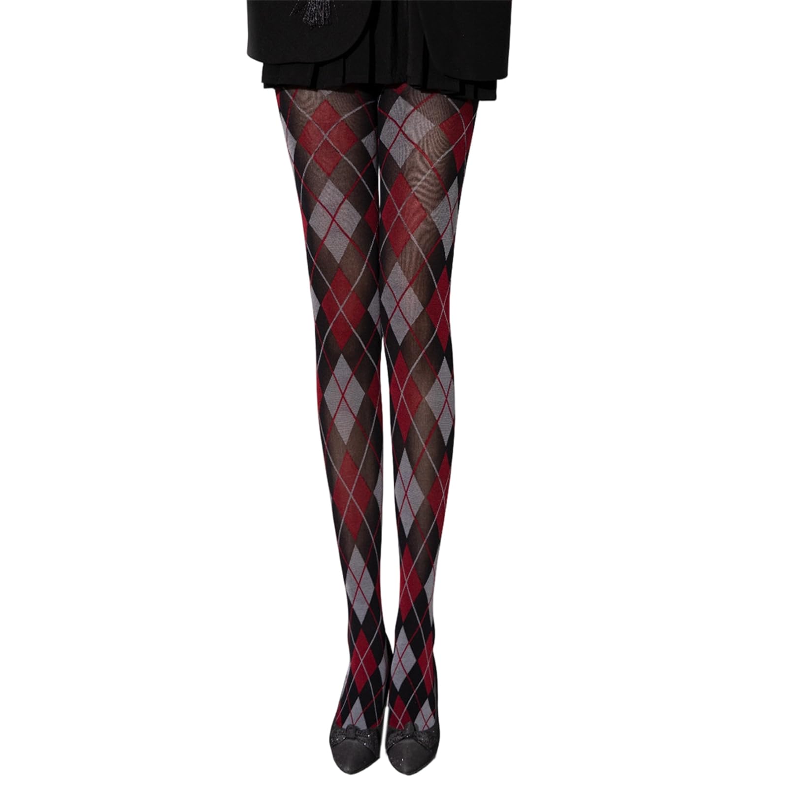 alloneslife Argyle Plaids Pattern Tights for Women Preppy Styles Stretch Comfort Opaque Pantyhose Everyday Wear Nylon Leggings(red gray)