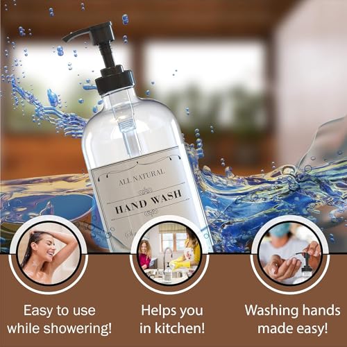 Image of Sunrise Premium 16 OZ Clear Glass Soap Dispenser with Pump, Hand and Dish Soap Dispenser Set for Bathroom with 12 Waterproof Labels, Pack 4