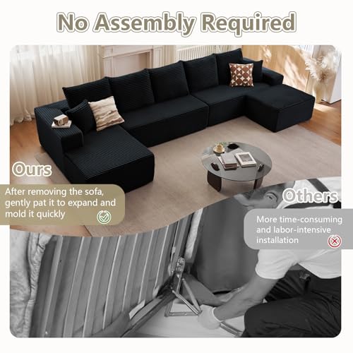Image of Lakifun 166.9 inch L-Shape Sofa with Ottoman, Modern Modular Sectional Comfy U-Shape Cloud Couch, Deep Seat, Upholstered Corduroy Sleeper Chaise Longue for Living Room Bedroom, No Assembly Required, Black