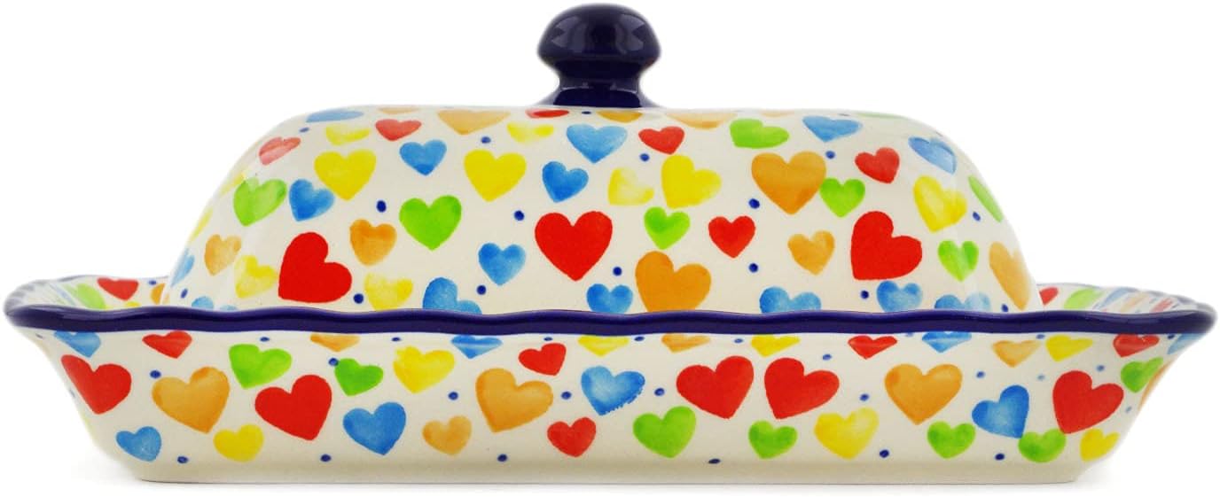 Polmedia Polish Pottery Butter Dish UNIKAT - In Love With Love Pattern Handmade in Boleslawiec Poland by Ceramika Artystyczna + Certificate of Authenticity