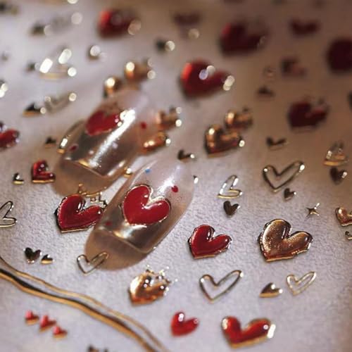 Image of 5D Embossed Heart Nail Stickers for Nails Art Gold Red Nail Art Stickers Self Adhesive Valentine's Day Nails Decals Glossy with Design for Women Manicure Supplies Decorations Accessories
