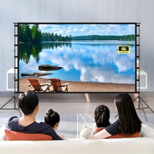 Pantalla de proyector con soporte, pantalla portátil con bolsa de transporte, pantalla de proyección frontal y trasera HD 4K 16:9 para cine en casa y noche de películas al aire libre (60 pulgadas) miniatura 4