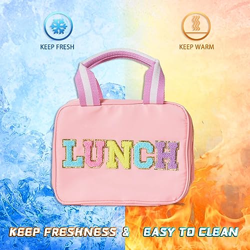 Janhavi Cute Insulated Lunch Bag for Women Personalized Preppy Kids Lunch Box for Girls Reusable Nylon Cooler Bag Lunch Tote Bag with Chenille Letter for School Beach Picnic Travel -LUNCH