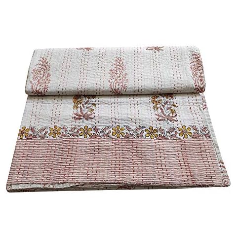 thehandicraftworld Desings Hand Block Anokhi Print Cotton Kantha Bed Cover Quilt Throw Indian Blanket Quilt 90x108 Inch Cover