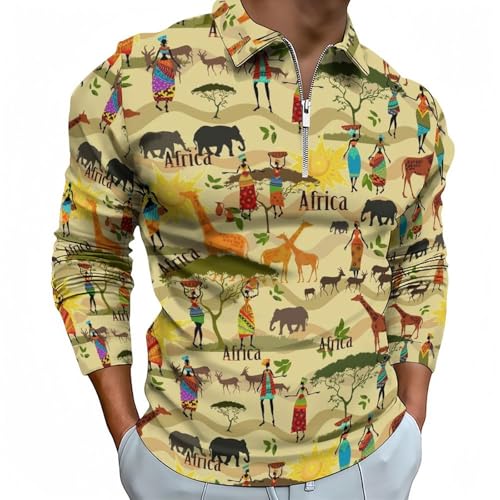 Polo à manches longues pour homme avec motif éléphant girafe et col zippé décontracté