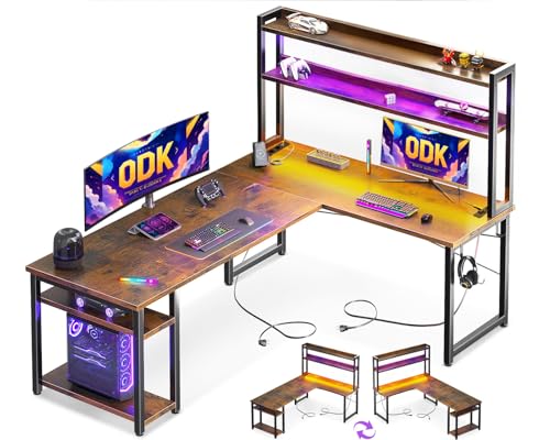Odk Escritorio Gaming Con Led, Escritorio Con Estante Reversible, Escritorio En L Con Enchufes Y Puertos Usb, Escritorio Gaming Madera Vintage Con Compartimentos Y Almacenamiento, 150 120 Cm Odk Escritorio Gaming Con Led, Escritorio Con Estante Reversible, Escritorio En L Con Enchufes Y Puertos Usb, Escritorio Gaming Madera Vintage Con Compartimentos Y Almacenamiento, 150 120 Cm