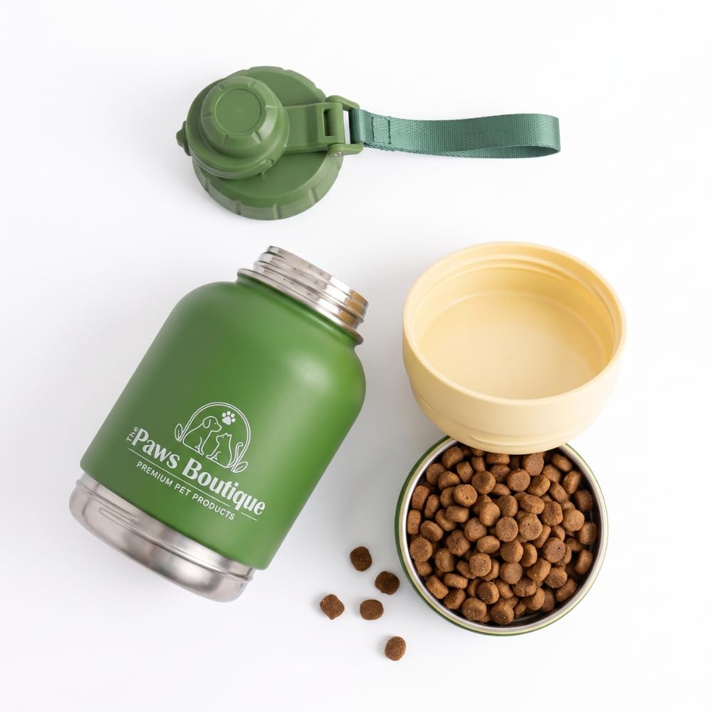 Borraccia per cani 3 in 1: abbeveratoio portatile in acciaio inox 950 ml, scomparto per cibo e ciotola extra rimovibile, a prova di perdite, senza BPA, ideale per viaggi e passeggiate