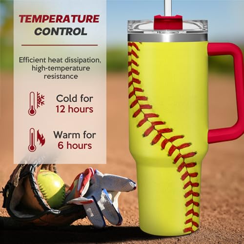 Image of SANDJEST Softball Tumbler with Handle 40oz, Insulated Stainless Steel Cup with Lid & Straw, Sports Lover Gift for Men, Coach, Player, Christmas, Birthday