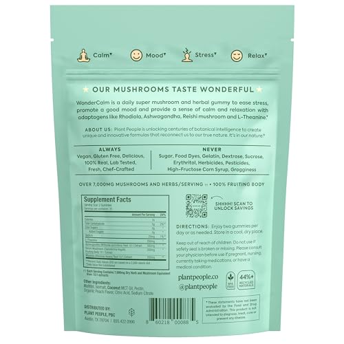 Plant People WonderCalm Mushroom Gummies - Natural Ashwagandha Supplement to Ease Stress & Boost Mood for Adults without Sugar, Gluten or Artificial Colors, Vegan-Friendly, Peach Flavor, 60 Count - Image 3