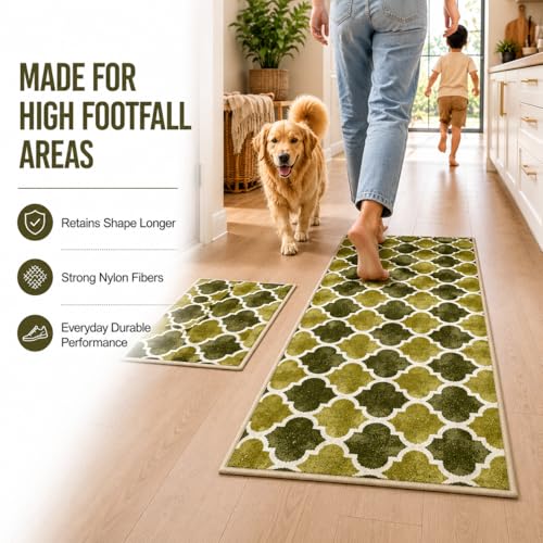 Image of Matz&More Anti Slip Kitchen Runner & Doormat Combo (50x120cm + 40x60cm), Nylon Tufted Floor Mat with Rubber Backing, Carpet for Bedroom, Bathroom, Entrance & Bedside, Trellis Two Toned Olive