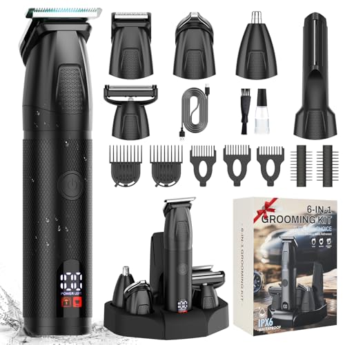 Bomxin Beard Trimmer for Men 6 in 1 Cordless Waterproof Electric Hair Clippers Mustache Body Face Trimmer All in One Grooming Kit with LED Display USB Rechargeable