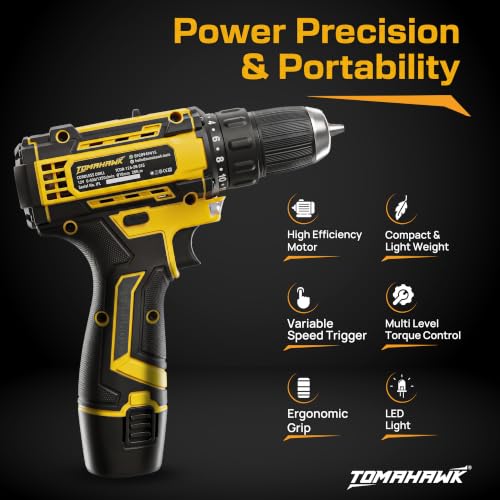 Image of TOMAHAWK TCDR-12A 12V Cordless Drill /Screwdriver Kit | 10mm Keyless Chuck | 2-Speed (350 /1350 RPM) | 1.5Ah Single Battery | LED Light | 25+1 Torque | Drill & Screwdriver Bit Set for Home, DIY