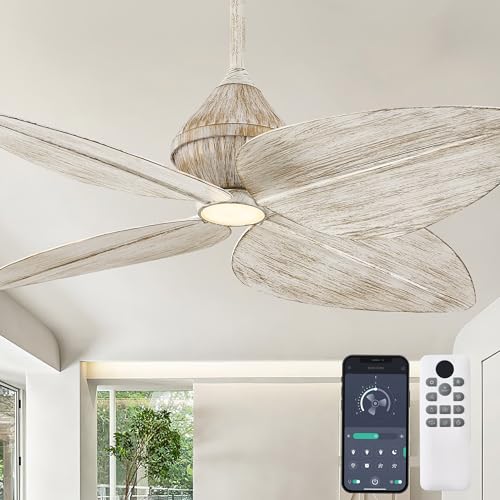 LVYEAYOU 52 Leaf Ceiling Fans with Lights Tropical Ceiling Fans Remote & App Control 4 Palm Leaf Blades 6 Speeds Reversible Dimmable Coastal Fandelier for Indoor/Outdoor (Rustic White Gold)