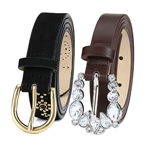 Black Studded Thin Belts for Women - Brown Diamond Thin Belt for Dresses, Western Leather Cowgirl Belts 2 Pack, Black, Brown