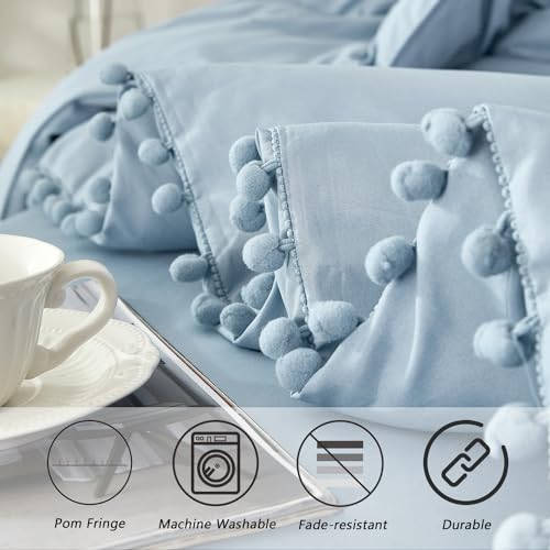 PERFEMET Full Pom Pom Comforter 5 Pieces Aesthetic Grayish Blue Pom Bed in A Bag Soft Fluffy Blue Solid Bedding Sheets and Comforter for Boys Kids(Grayish Blue, Full) — view 4