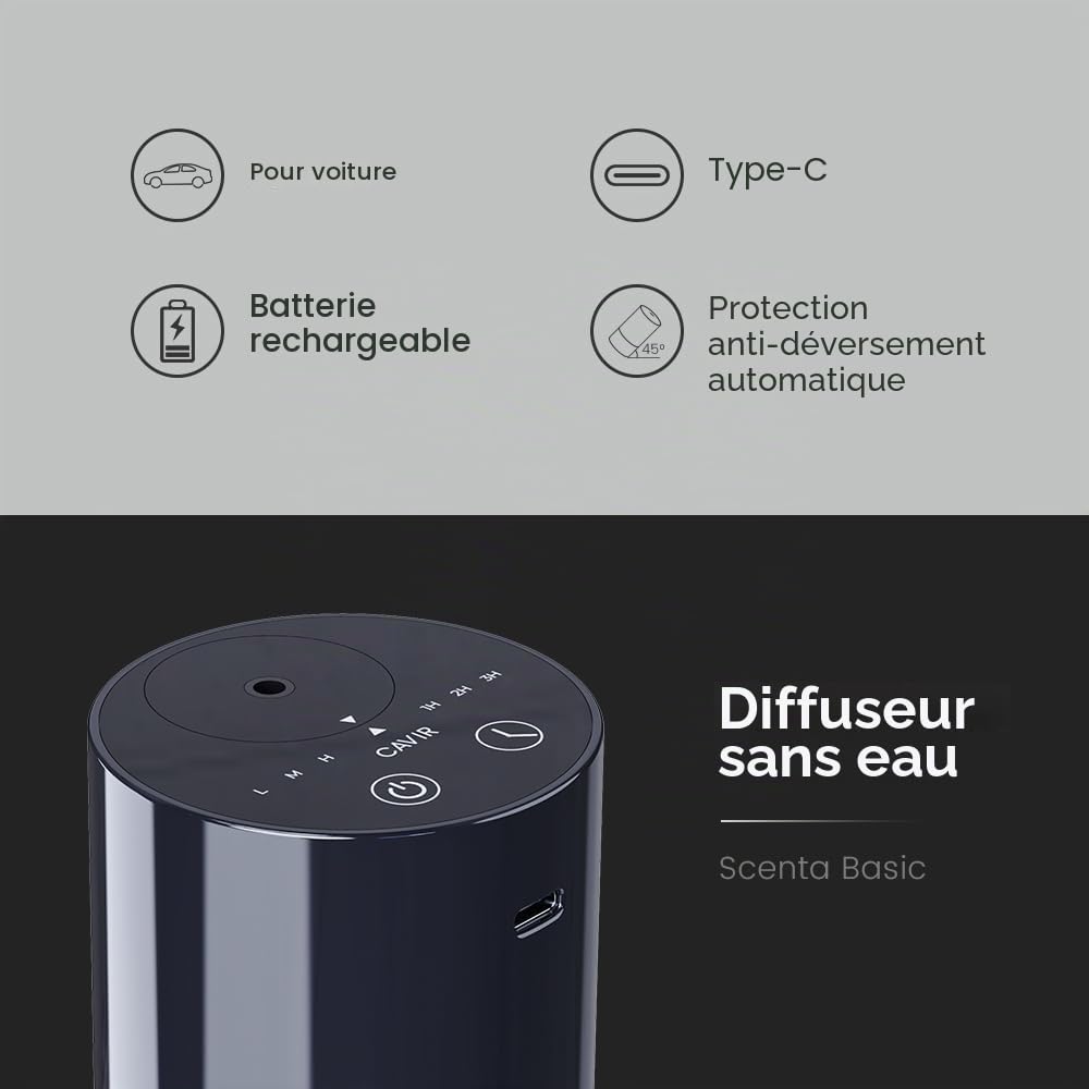Cavir Diffuseur d'huiles essentielles sans Eau - Mini Machine à air Portable - Aromathérapie - Charge USB - 1/2/3H/temps - 3 Niveaux de Brume - pour la Maison, la Voiture, Le Bureau