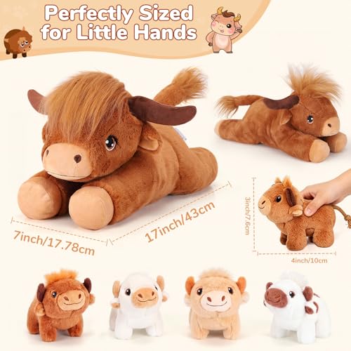 Image of gnomantic Highland Cow Stuffed Animals with Babies, Mommy Toy for Kids | 5-Piece set: 1 mommy highland cow + 4 surprise babies inside. Unzip belly to reveal babies. Ultra-soft, safe for ages 3-8.