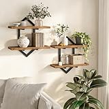 HOOBRO Floating Shelves, 15 Inch Wall Shelf Set of 2, Wall Mounted Storage Shelves 2-Tier, Hanging Bathroom Shelves, for Living Room, Bedroom, Bathroom, Kitchen, Rustic Brown and Black BF13BJP201