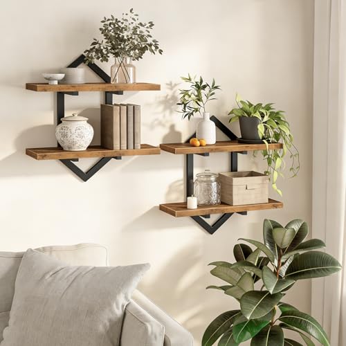 HOOBRO Floating Shelves, 15 Inch Wall Shelf Set of 2, Wall Mounted Storage Shelves 2-Tier, Hanging Bathroom Shelves, for Living Room, Bedroom, Bathroom, Kitchen, Rustic Brown and Black BF13BJP201