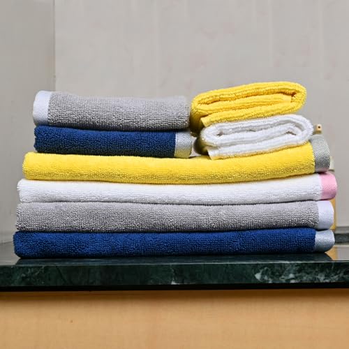 Image of Divine Casa Cotton Hand & Face Towel Set of 8 (500 GSM) | Ultra Soft & Highly Absorbent Towels Combo | 4 Hand Towels (40x60 cm) & 4 Face Towels (30x30 cm) | Yellow, Blue, Grey & White