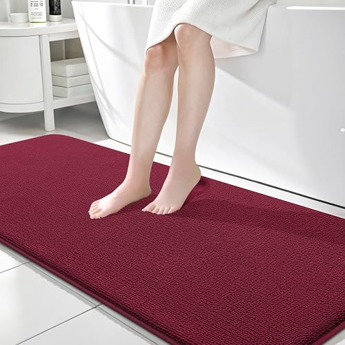 Image of OLANLY Thick Memory Foam Bathroom Runner Rugs 70x24, Extra Soft Absorbent Long Bath Rug, Quick Dry, Non-Slip, Machine Washable Bath Mats for Bathroom, Tub and Shower, Home Decor Accessories, Burgundy