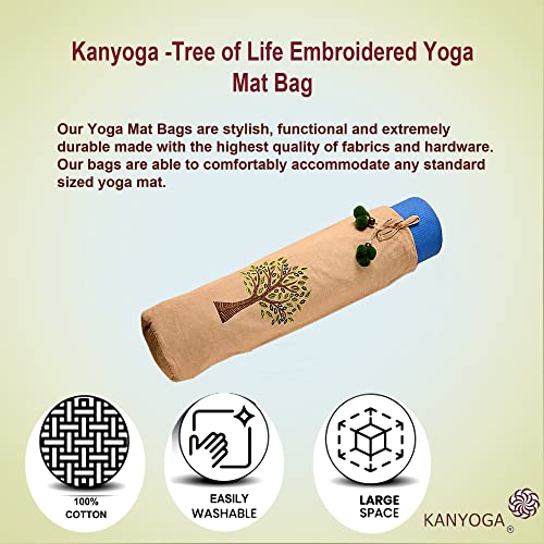Image of Tree Of Life Cotton Embroided Yoga Mat Bags with Strong Shoulder Straps (Beige & Dark Green, L 74 x W 25 cm)
