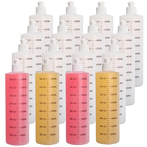 YOUEON 16 Pack 16 Oz HDPE Plastic Bottles with Squeeze Top, Condiment Squeeze Bottles with Measurement, Push Pull Cap Dispenser for Sauces, Dish Soap, Lotions, Shampoos, Translucent White