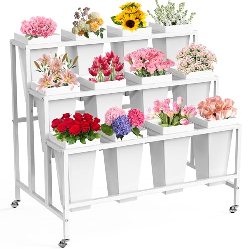 VGMiu Flower Display Stand with 12 Buckets Flower Cart 3 Layers White Metal Flower Bar Stand with Wheels Moving Florist Bouquet Shelf for Weddings Florist Indoor Outdoor Patio Garden Living Room