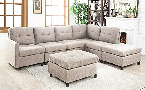 Sectional Sofa Set Reversible Corner Sectional with Ottoman L-Shaped Couch DIY Reversible Modular Futon Couch Furniture for Living Room Furniture (Light Gray B)