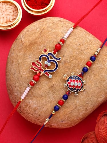Image of Sukkhi Rakhi Trendy Floral Design Gold Plated AD Stones & Pearls Combo Rakhi for Brother with Roli Chawal & Greeting Card| Set of 2