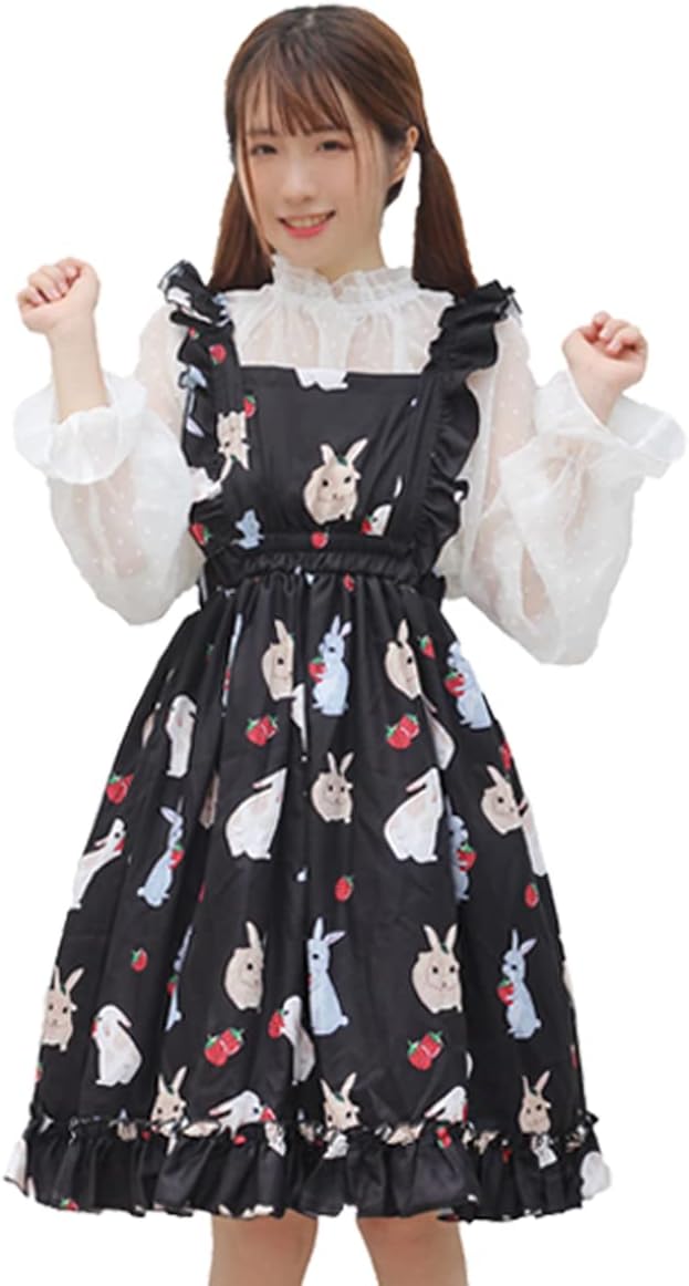 Lovely Dresses Spaghetti Straps Kawaii Rabbits Print Sleeveless A-Line Dresses for Girls Teens