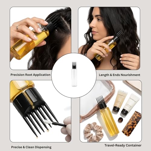 Image of Hian Hair Oil Applicator Bottle with Comb Tip & Two Flip Caps | 100 ml, Pack of 2 (Black) | Transparent Refillable Plastic | Root Care & Mess-Free Scalp Application | For Easy Oil & Shampoo Dispensing