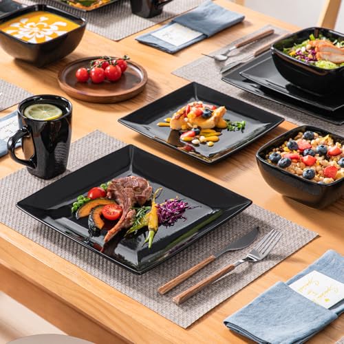 Image of vancasso Soho Dinnerware Sets 24 Pieces, Black Stoneware Square Place Setting, Dinner Plate, Cups and Plates Sets for Kitchen, Dish Set for 6