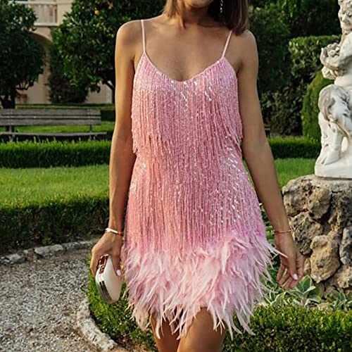 Womens Sequin Feather Fringe Cami Dress Sexy Sleeveless Spaghetti Strap Party Dress Cocktail Evening Mini Bodycon Dress Pink #TOP3