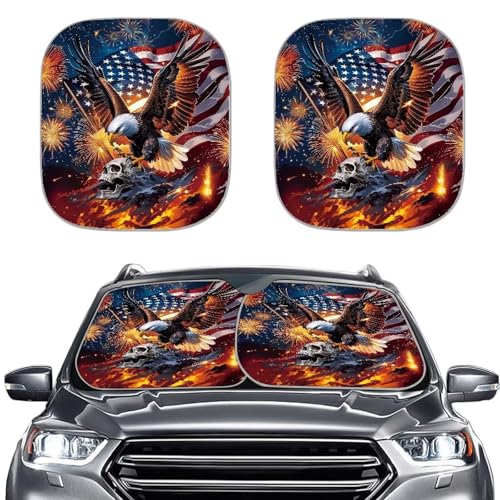Image of 2 PCS Car Windshield Sun Shade Foldable Skull Eagle 250th Anniversary Automotive Front Window Sunshade Blocks UV Rays and Keeps Vehicle Cool Universal Fit Most Cars SUV Truck Van