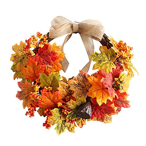 JKIOHO Couronne de feuilles d'érable de 30 cm - Couronne de feuilles d'érable - Pour l'automne - Noël - Thanksgiving - Avec nœud - Couronne de porte d'automne