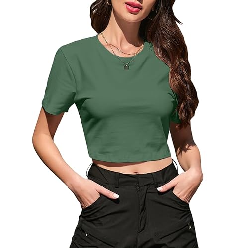 Betusline Women Basic Crop Top Plin Short Sleeve Crop T-Shirt Cotton Tees Top, Dark Green,Large