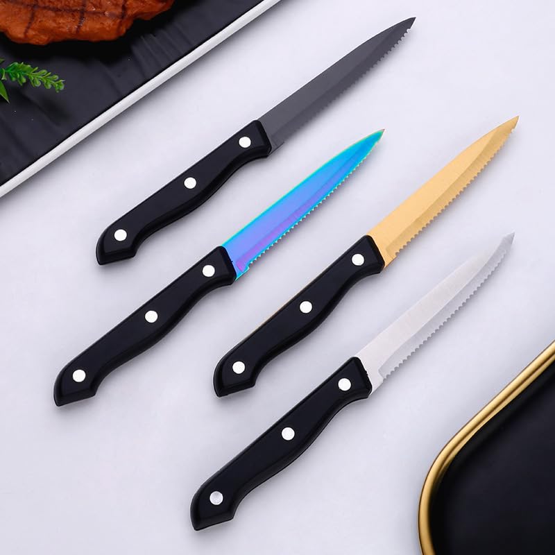 ONUIFIKE Silverware Set, 1/4/6/8/10/12 Pcs Stainless Steel Cutlery Steak Knife Table Knife Serrated Knife Table Knife, Home Cutlery Flatware Set(Rainbow,4 Pieces)