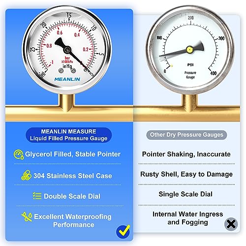 Image of MEANLIN MEASURE -30inHG~0Psi Stainless Steel 1 /8 inch NPT 2.5 inch FACE DIAL Vacuum Pressure Gauge, Center Back Mount, with 1 /4 inch NPT and 3 /8 inch NPT Hex Bushing