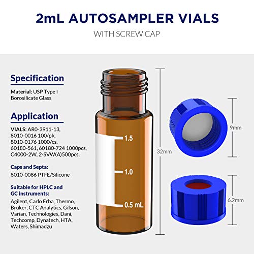 Image of 2mL Autosampler Vials, 9-425 HPLC /GC Amber Vials with Screw Cap, 500 Pcs | 2mL HPLC Vials with Writing Area and Graduations, Screw Cap, White PTFE & Red Silicone Septa