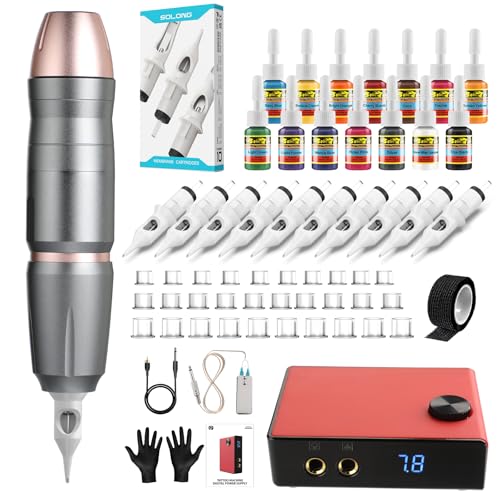 Solong Tattoo Kit Professional: High-Efficiency Motor Tattoo Gun Machine, LCD Power Supply, 14 Color Premium Ink, 10 Tattoo Needles and Foot Pedal Control