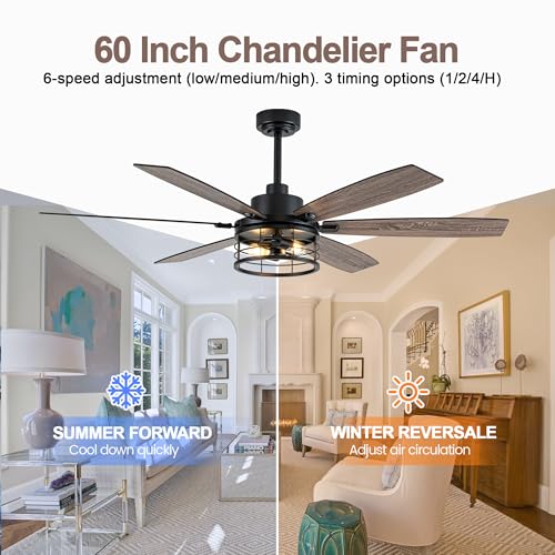 Image of 60 Inch Farmhouse Ceiling Fan with Light Black Rustic Ceiling Fan Quiet and Reversible DC Motor Caged Chandelier Fan for Living Room Bedroom