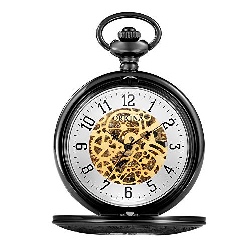 Lwieui Taschenuhr Herren Open Face Steampunk Gold Skeleton mechanische Taschenuhr mit Kette (Farbe : Black) Cover