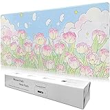 WSLUCKO Extended Large Gaming Mouse Pads Mat 35.4'x15.7'x0.12'(3mm Thick), Oversized Office Desk Mat with Stitched Edges (Cute Tulips)